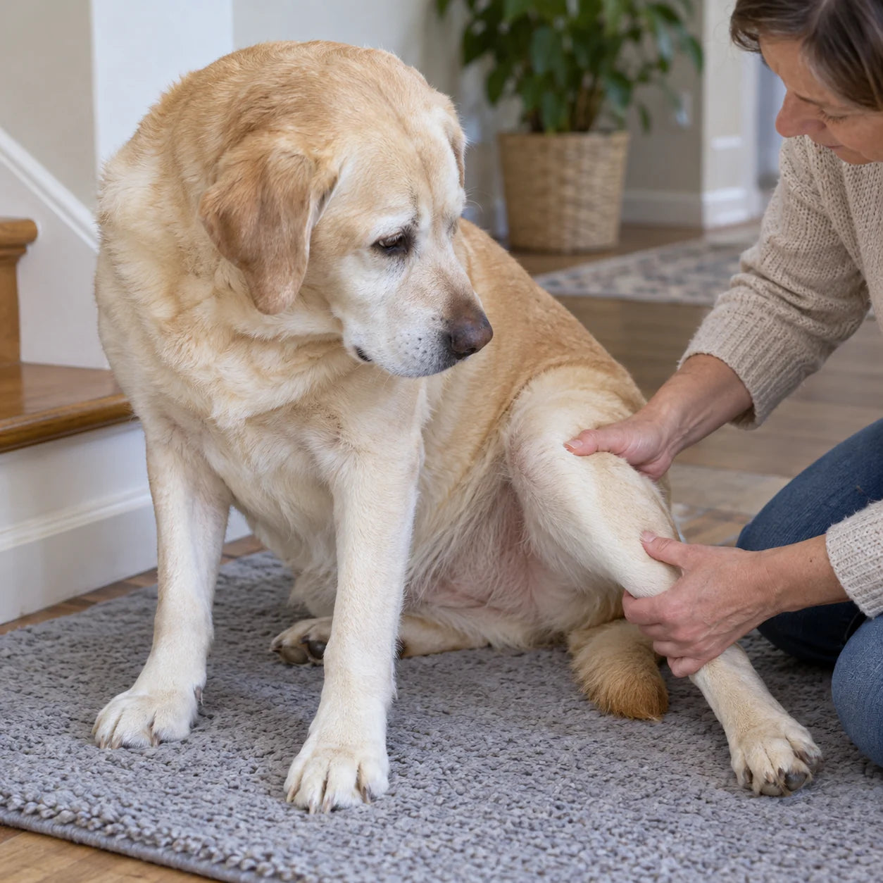 Owner gently supporting a senior dog's hind leg