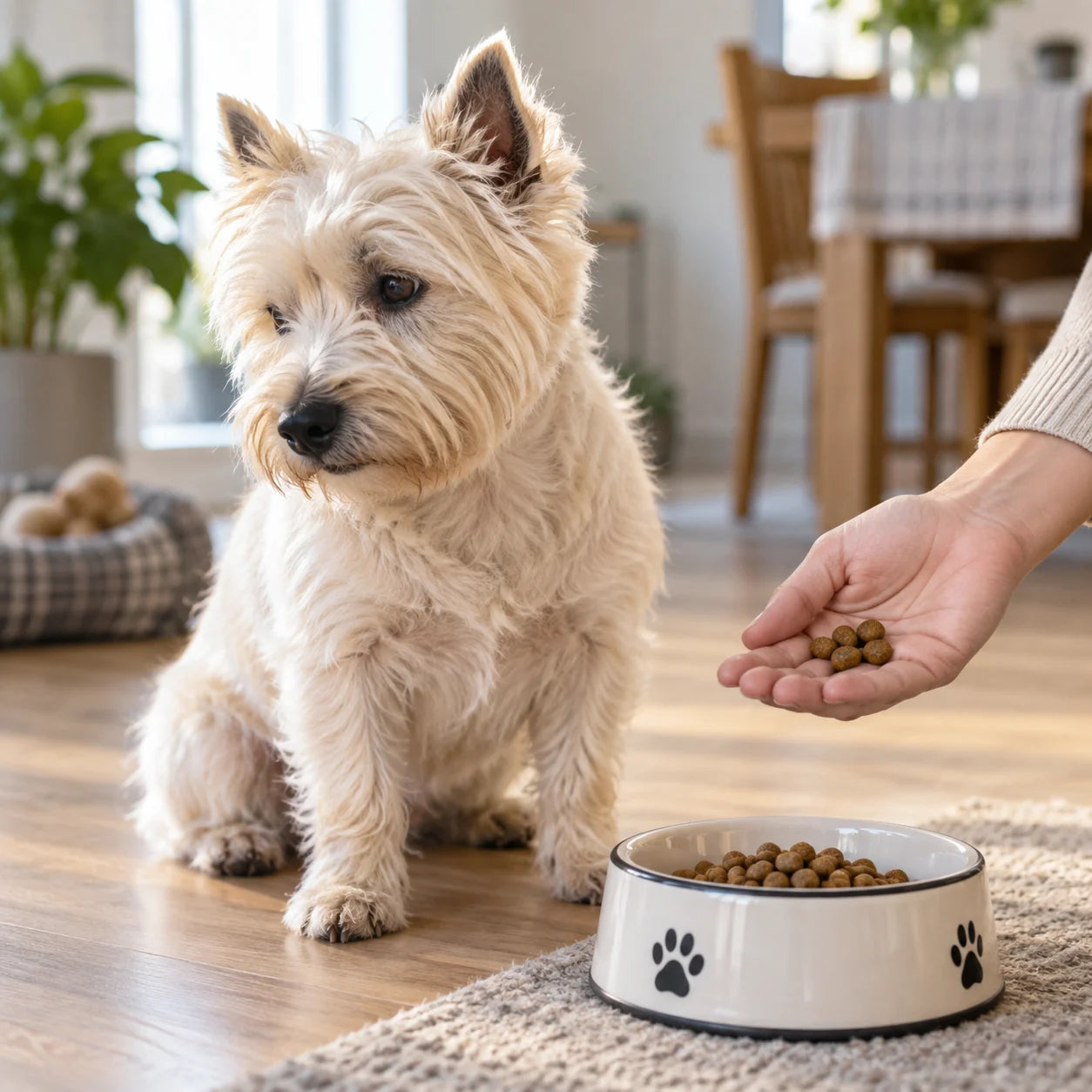 Dog looking away while its owner offers food