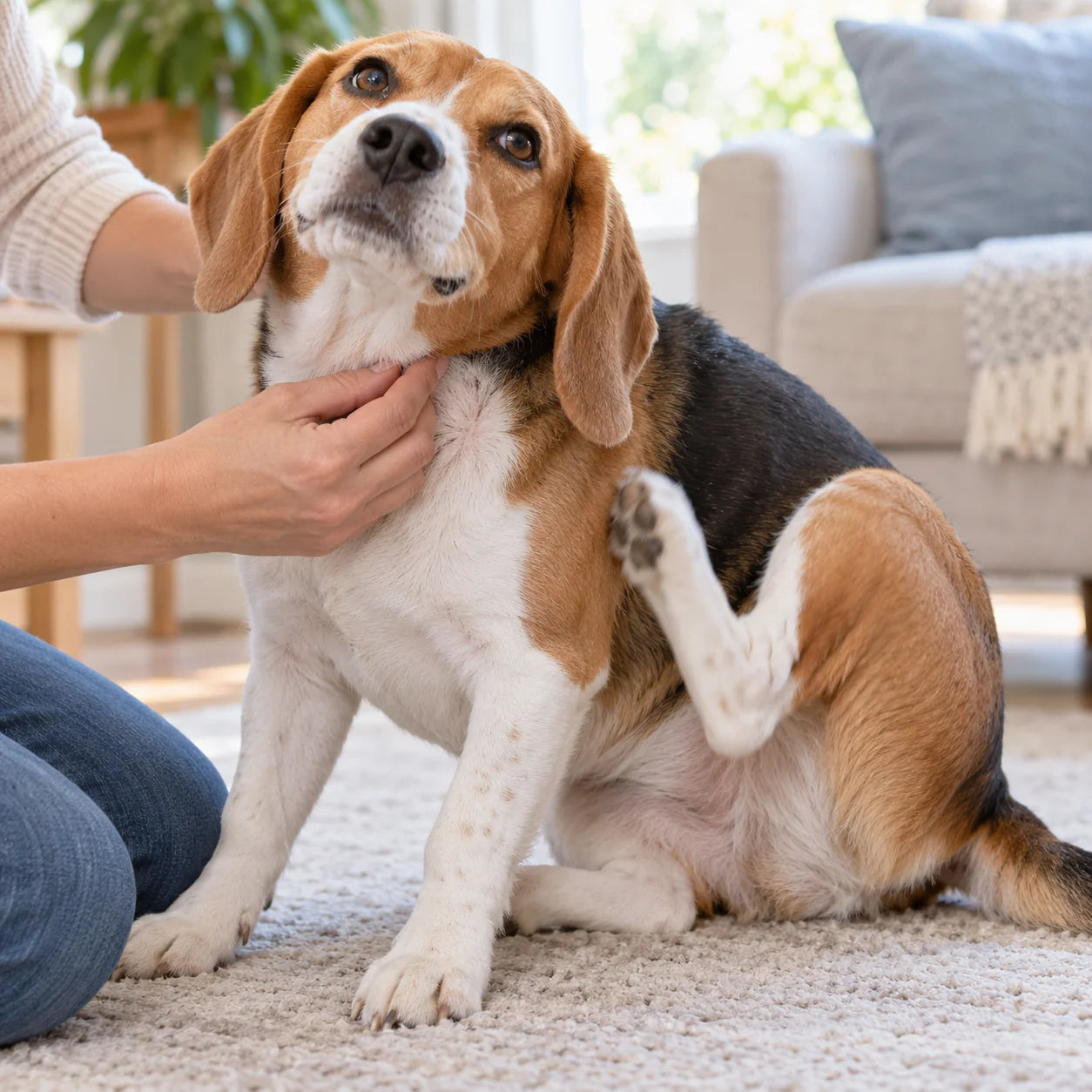 Dog scratching while its owner looks at its skin