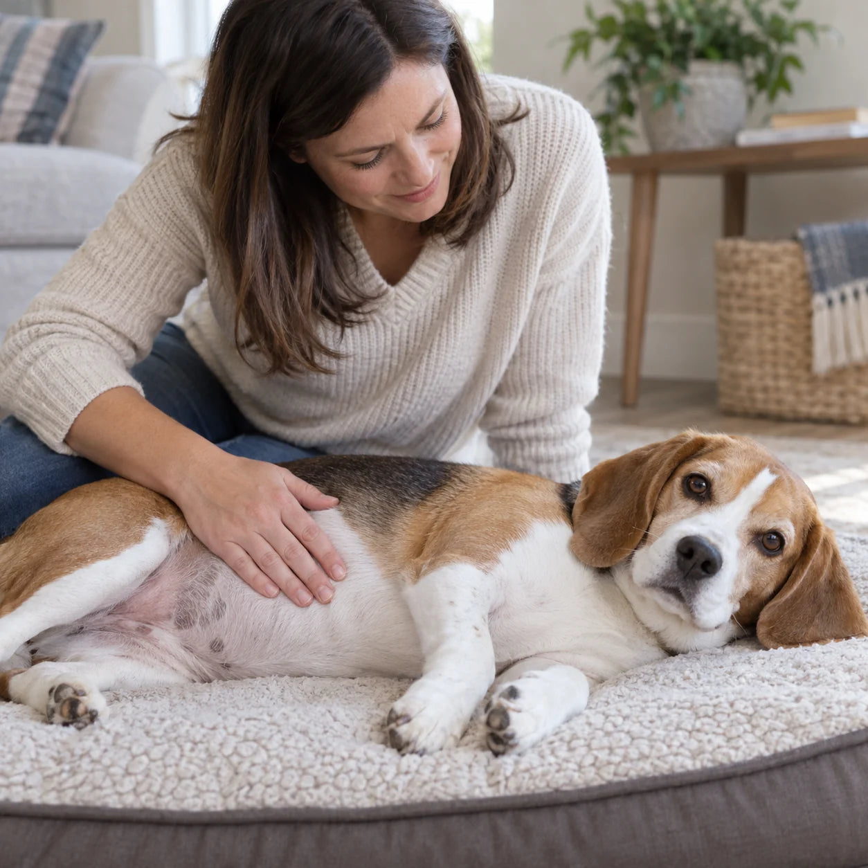 Owner watching a resting dog with a hand on its abdomen