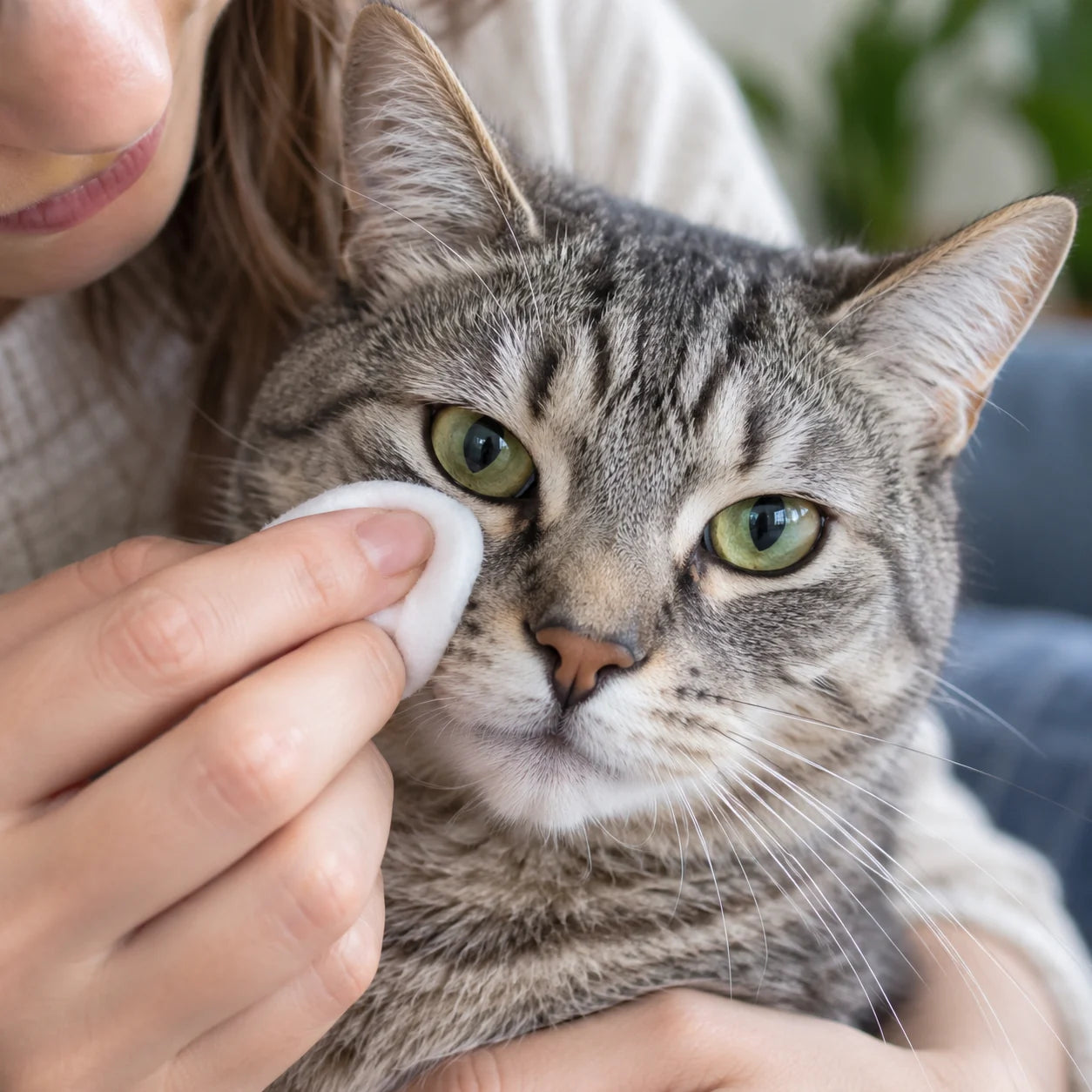 Owner gently wiping beneath a cat's eye