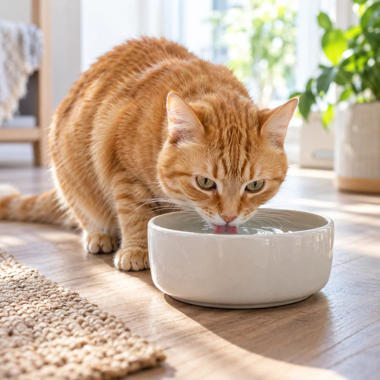 Ginger cat drinking from a water bowl